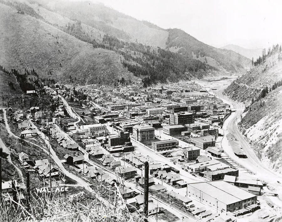 View looking down on Wallace, Idaho from the tank.