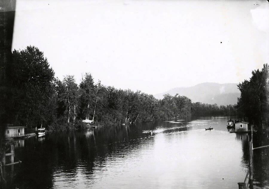 View of St. Joe River, with trees along the bank and people in boats on the river.