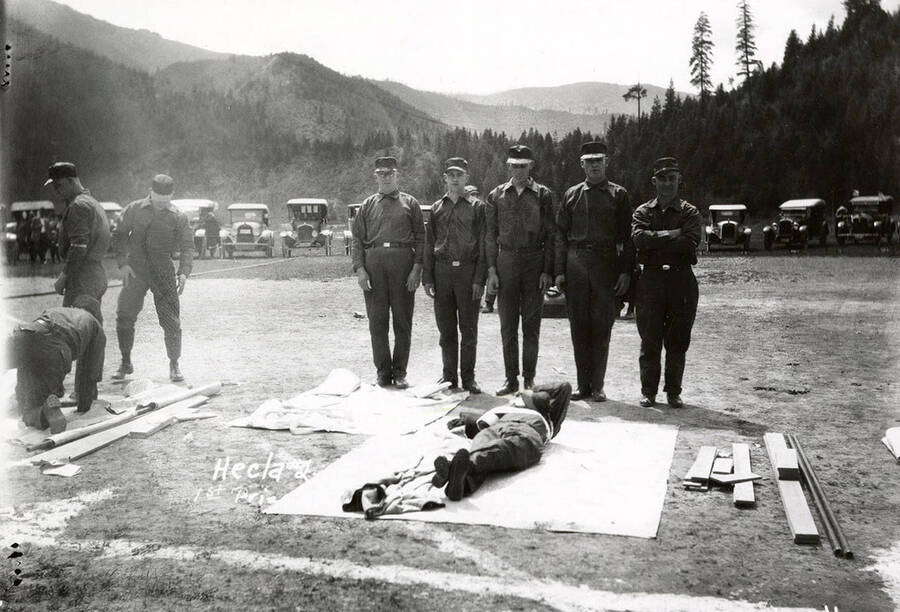 The members of Hecla #1 team, who won first prize, standing together at the first aid contest in Mullan, Idaho.