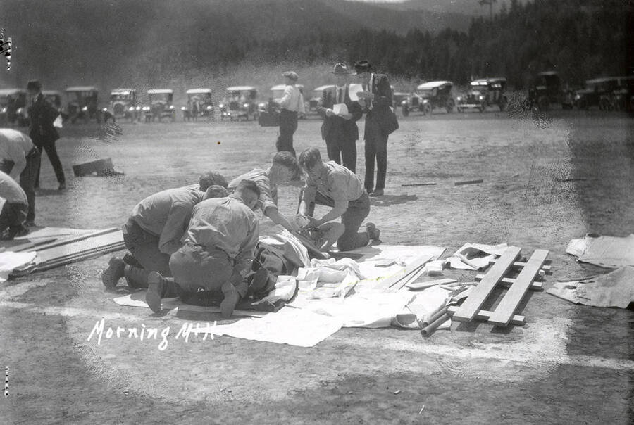 The members of Morning Mill team performing first aid at the first aid contest in Mullan, Idaho.