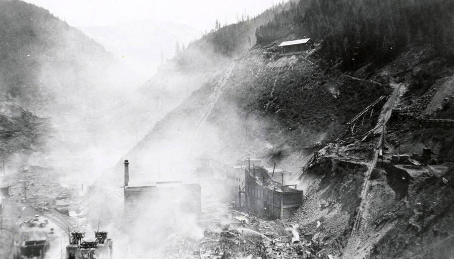 View of the mine during the fire in Burke, Idaho.