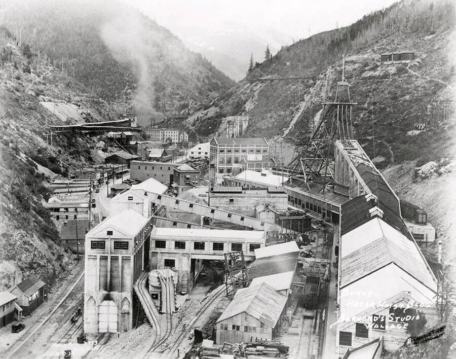 View of the buildings on Hecla mine in Burke, Idaho. The hoist building can also be seen.