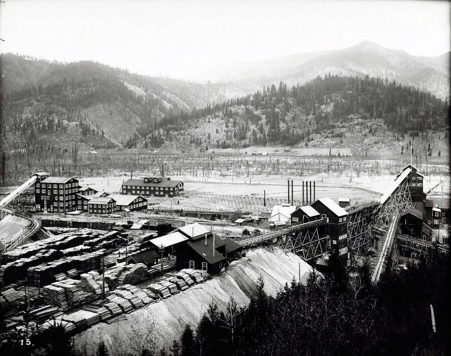 Image shows a view of the Bunker Hill and Sullivan Mill in Kellogg, Idaho [1901]; The New mill, tailing plant, and old mill are pictured with piles of lumber and various milling buildings.