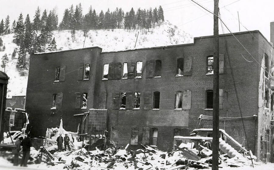 The aftermath of the fire at the Ryan Hotel on Cedar Street in Wallace, Idaho.