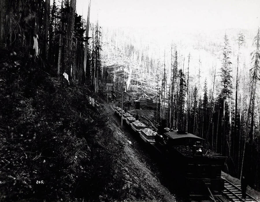 Image shows train cars transporting ore from the Morning Mine to the mill.
