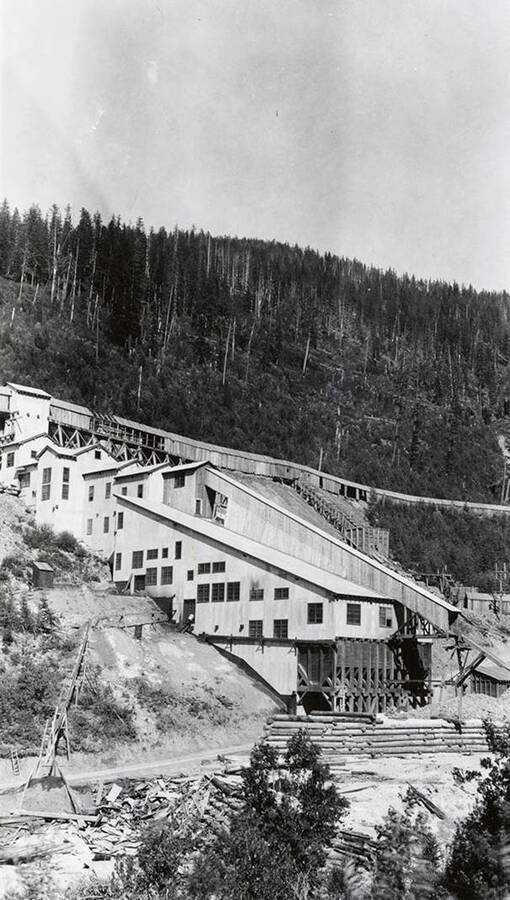 View of the buildings on Jack Waite Mill and the hills surrounding it. The mill is in Duthie, Idaho.