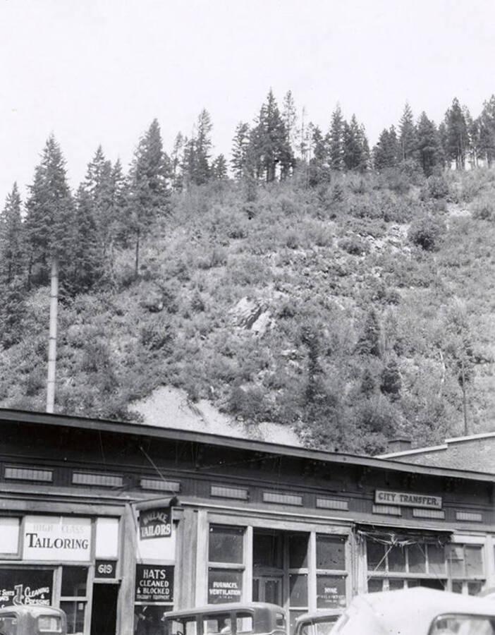 View of the hillside above Wallace Tailors in Wallace, Idaho. A bear is on the hillside.