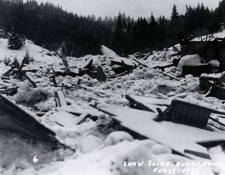 View of the damage from the snow slide in Burke, Idaho.