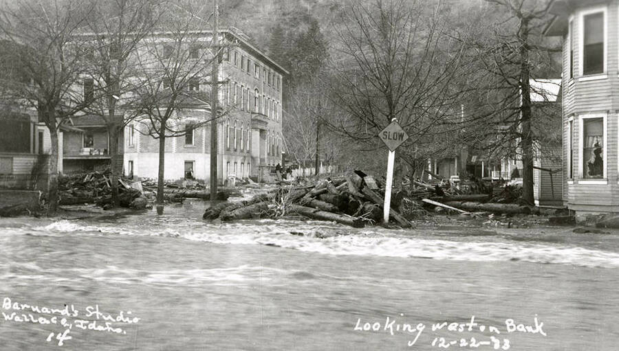 Looking west on Bank Street during the Placer Creek flood in Wallace, Idaho. Trees and logs can be seen laying in the street.