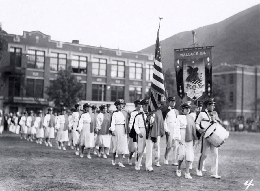 A group marching during the Eagles Parade in Wallace, Idaho.