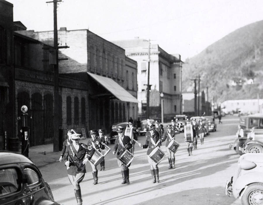 The marching band playing the drums during the Eagles Parade in Wallace, Idaho.