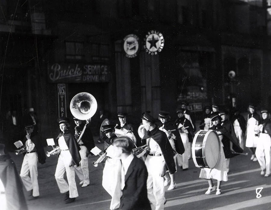 The marching band playing during the Eagles Parade in Wallace, Idaho.