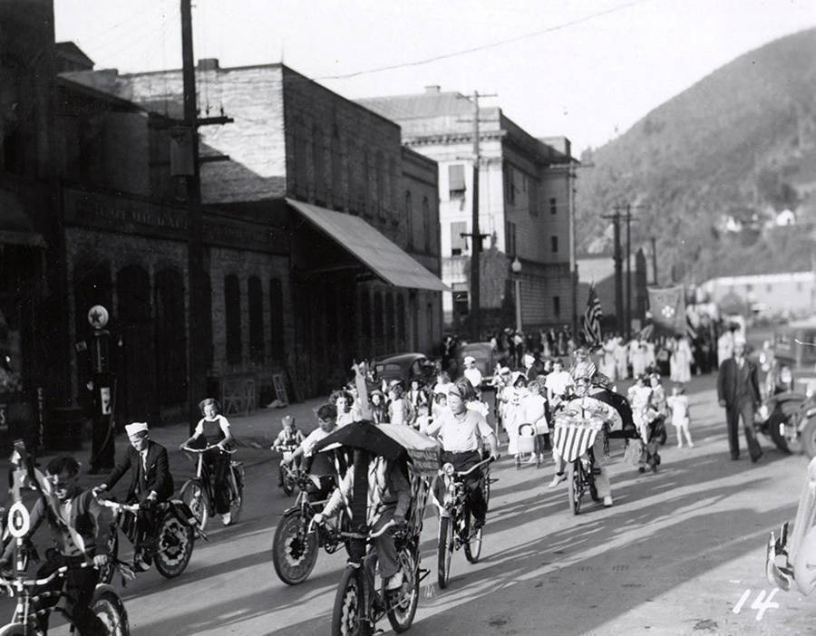 Children riding bikes in the Eagles Parade in Wallace, Idaho.