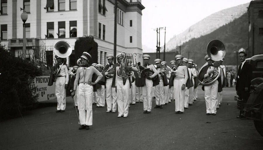 The marching band playing during the Elks Parade in Wallace, Idaho.