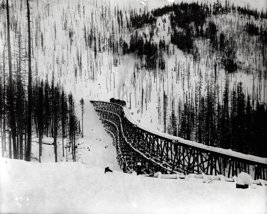 Image shows a scenic view of the N.P. [Northern Pacific] train on the South bridge.