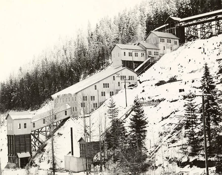 Exterior view of the Coeur d'Alene Mine mill during the winter, in Osburn, Idaho.
