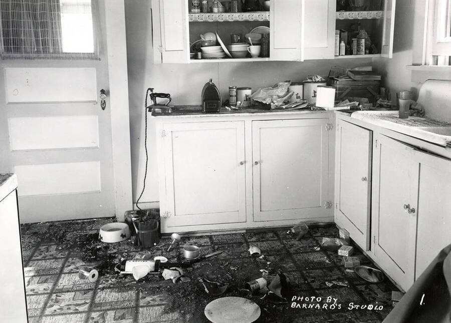 Damage to the kitchen of the N.J. Osborne home, caused by the sunshine powder magazine explosion at the mouth of Big Creek.