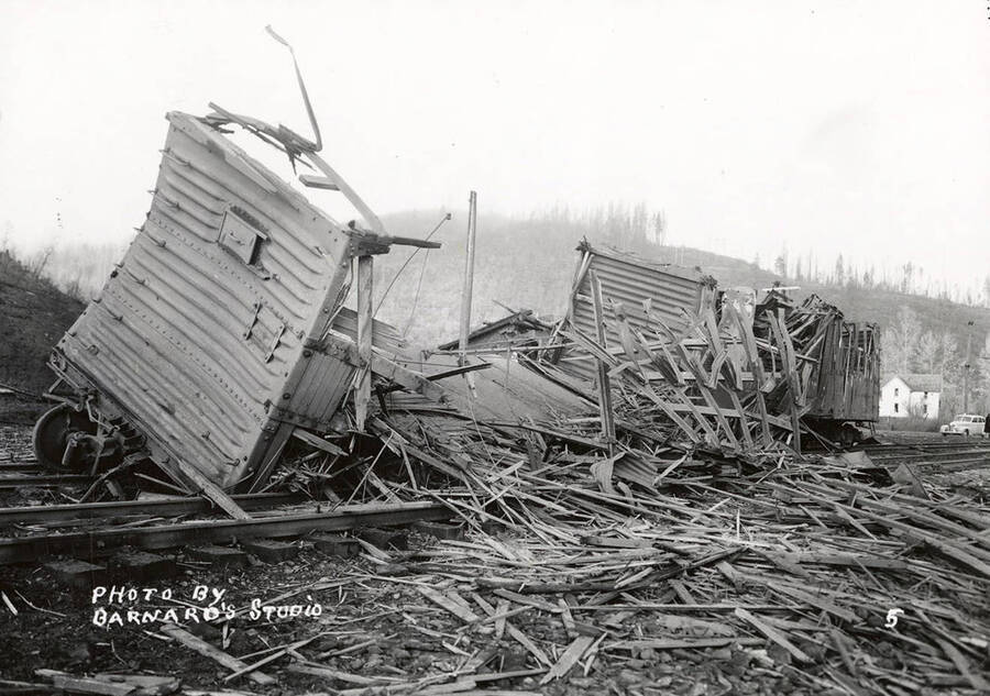 Damage to railroad cars, caused by the sunshine powder magazine explosion at the mouth of Big Creek.