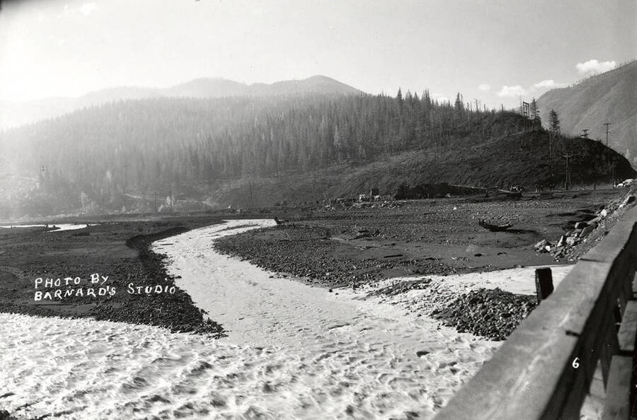 Damage caused by the sunshine powder magazine explosion at the mouth of Big Creek. The river can be seen in the foreground.
