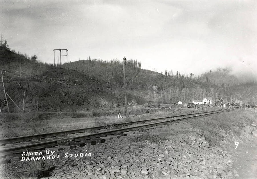 Damage along the railroad track caused by the sunshine powder magazine explosion at the mouth of Big Creek.