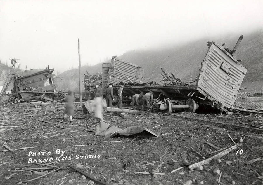 Damage to railroad cars, caused by the sunshine powder magazine explosion at the mouth of Big Creek.