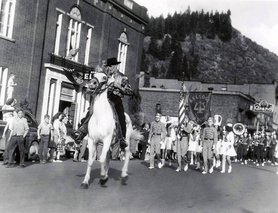 A horse being ridden in front of the Kellogg High School Band during the Elks Roundup parade in Wallace, Idaho.