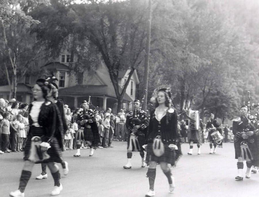 A group of bagpipers playing in the Slippery Gulch parade in Wallace, Idaho.