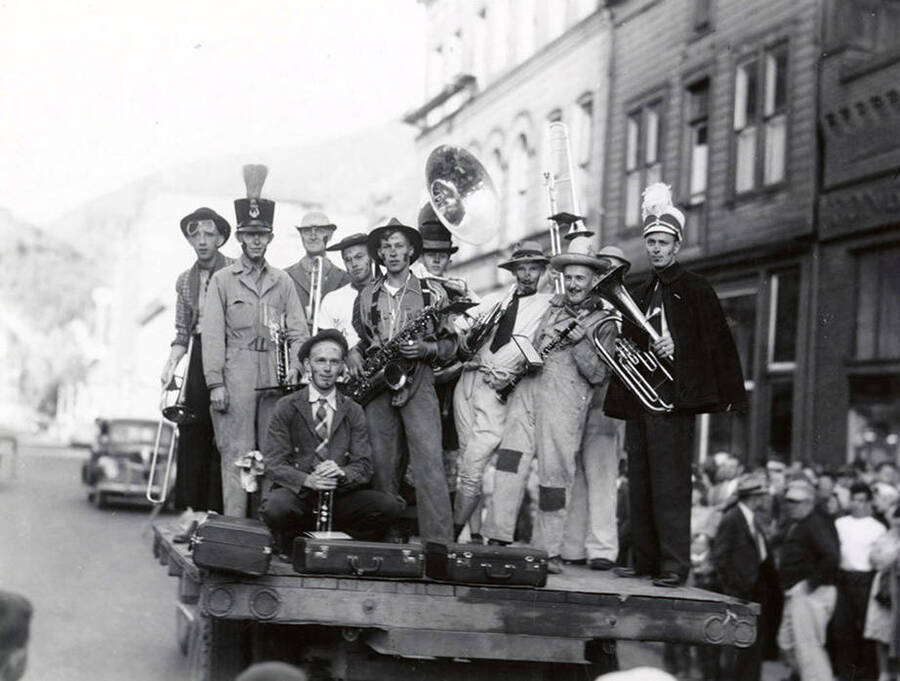 A band standing on the back of a truck during the Slippery Gulch parade in Wallace, Idaho.