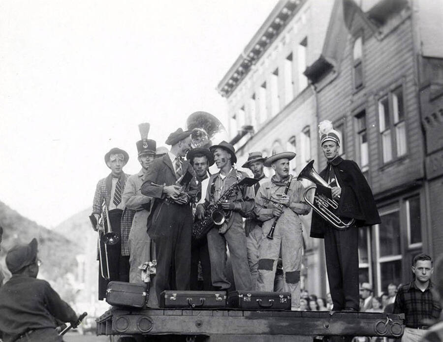 A band standing on the back of a truck during the Slippery Gulch parade in Wallace, Idaho.