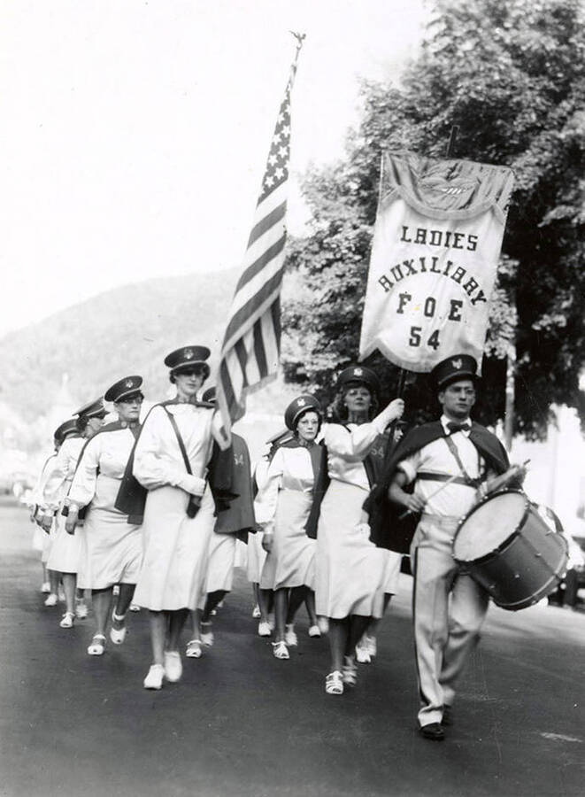 The Ladies Auxiliary FOE 54 playing in the Slippery Gulch parade in Wallace, Idaho.