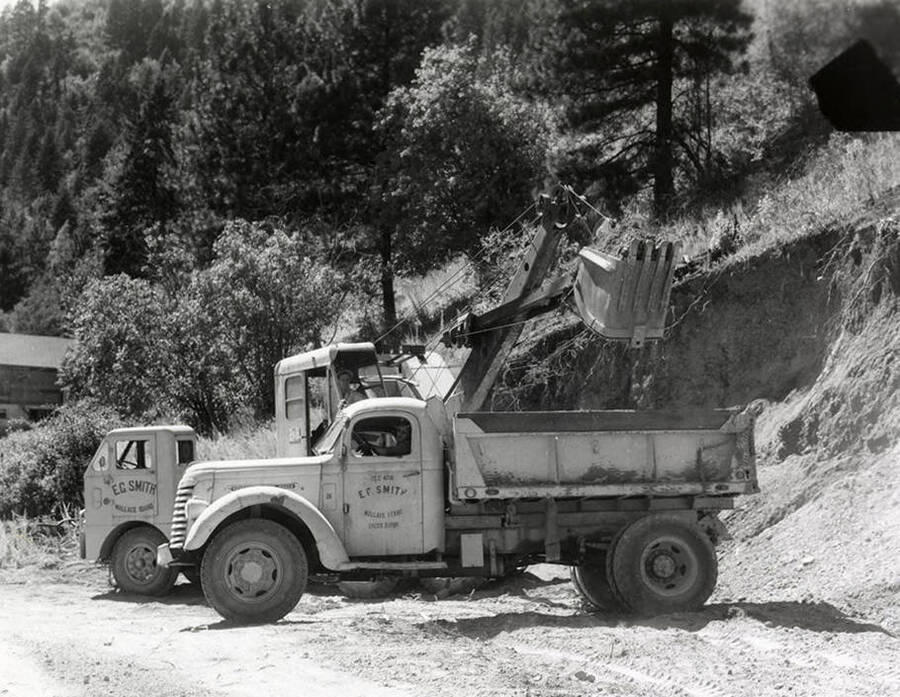 A dump truck working on the construction site at Memorial Field in Wallace, Idaho.