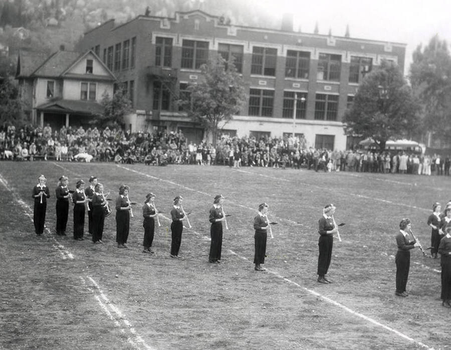 The band on the field, playing during the Wallace-Sandpoint football game.