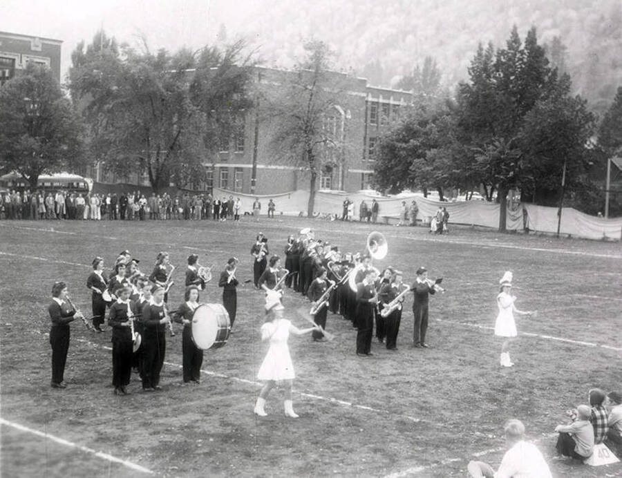 The band on the field, playing during the Wallace-Sandpoint football game.