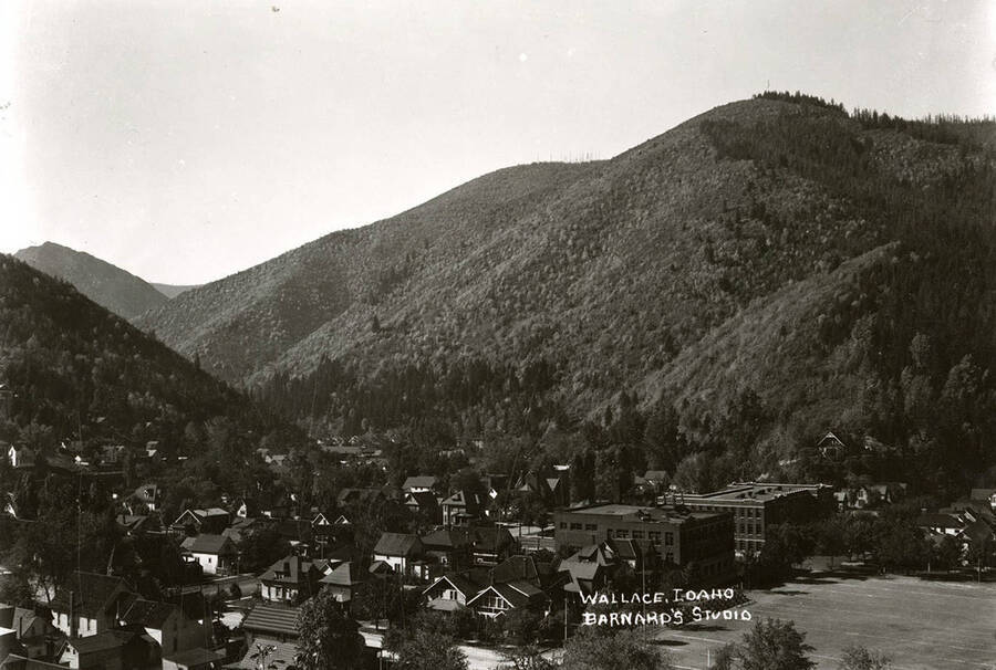 View of Wallace, Idaho when looking west. Hills can be seen in the background.