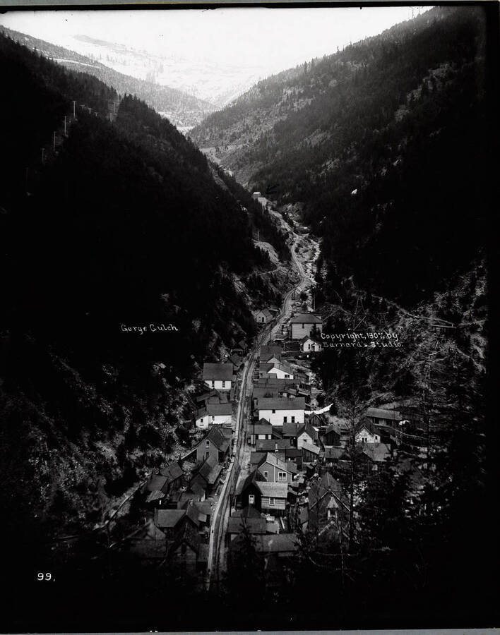 A distant view of Gorge Gulch and Burke, Idaho in May 1907.  Caption on back: "Benton Mag. Ce. Dump"