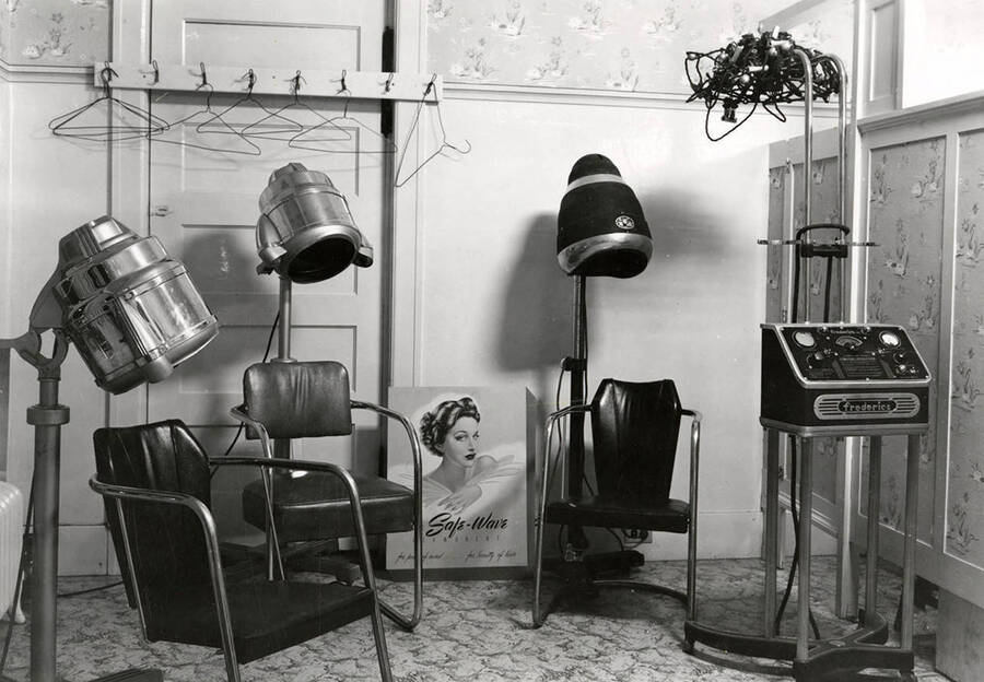 The hair dryers in Marjorie Irwine's Beauty Shop in Wallace, Idaho.