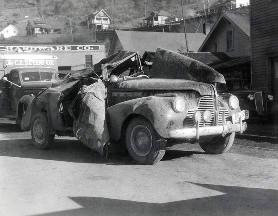 The wrecked automobile of Dean Sims of Winnet, Montana.