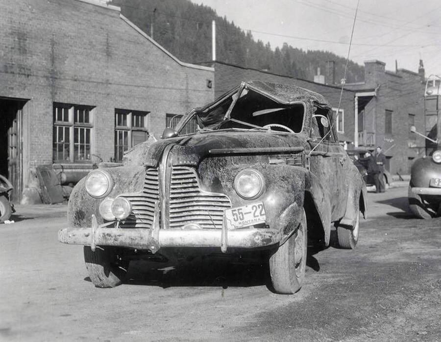 The wrecked automobile of Dean Sims of Winnet, Montana.