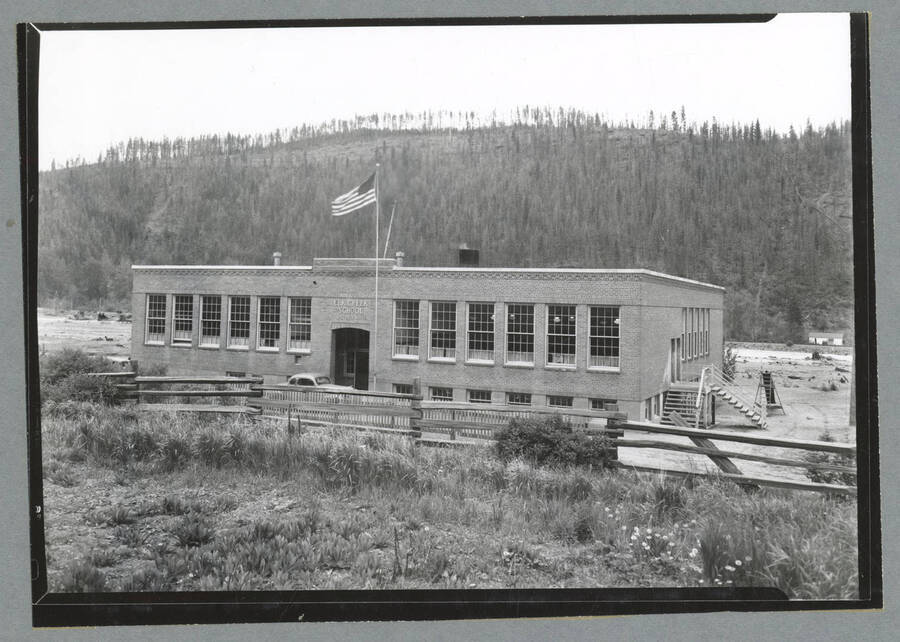 The exterior of the Elk Creek School building in Elk Creek, Idaho.