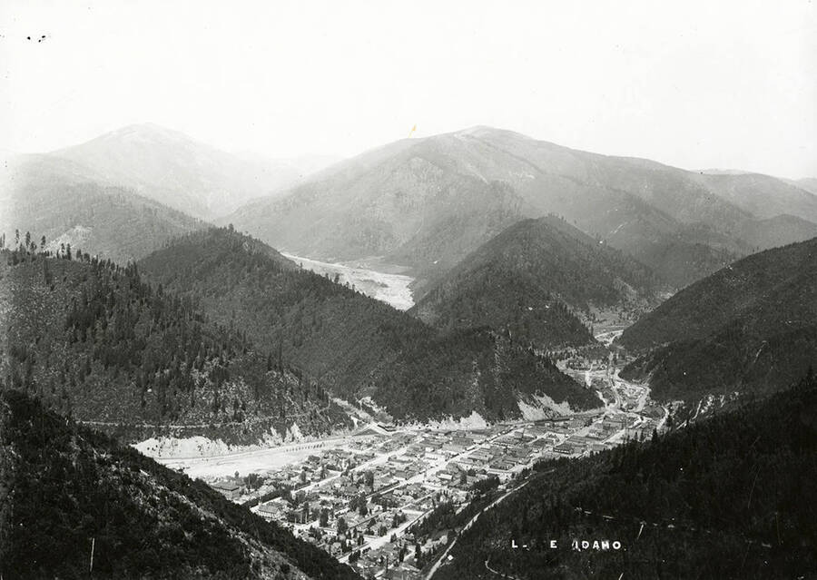 Mountain view of Wallace, Idaho, looking east.