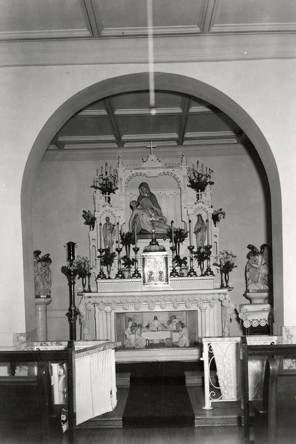 Photograph of the altar and decorations inside The Providence Hospital chapel in Wallace, Idaho.