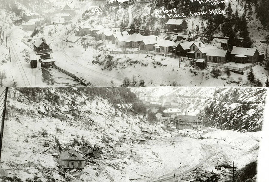 A split view of Mace, Idaho, before and after a major snow slide in 1910.