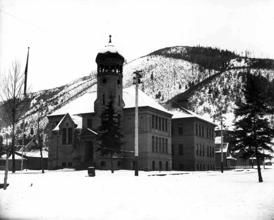 Exterior view of the school taken Sept.. 10, 1915.  Note bell tower.