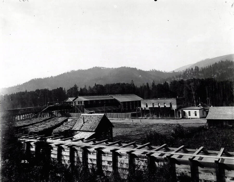 Image shows various buildings and wooden structures at the Bunker Hill and Sullivan Mill in Kellogg, Idaho.