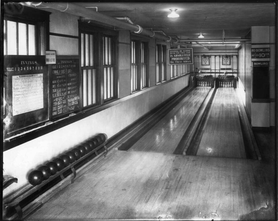 Bowling Alleys.  View of two bowling lanes inside the High School.