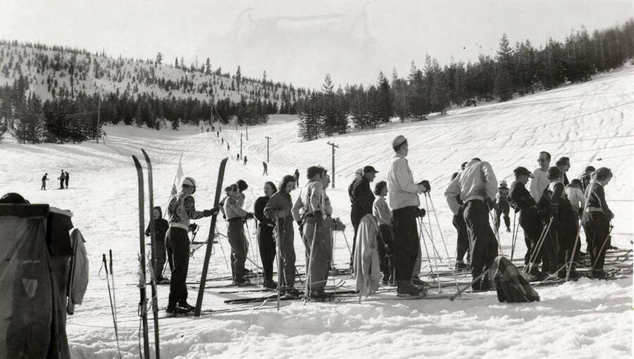 Members of the Idaho Ski Club waiting for their turn to go up the mountain at Lookout Pass in Mullan, Idaho.