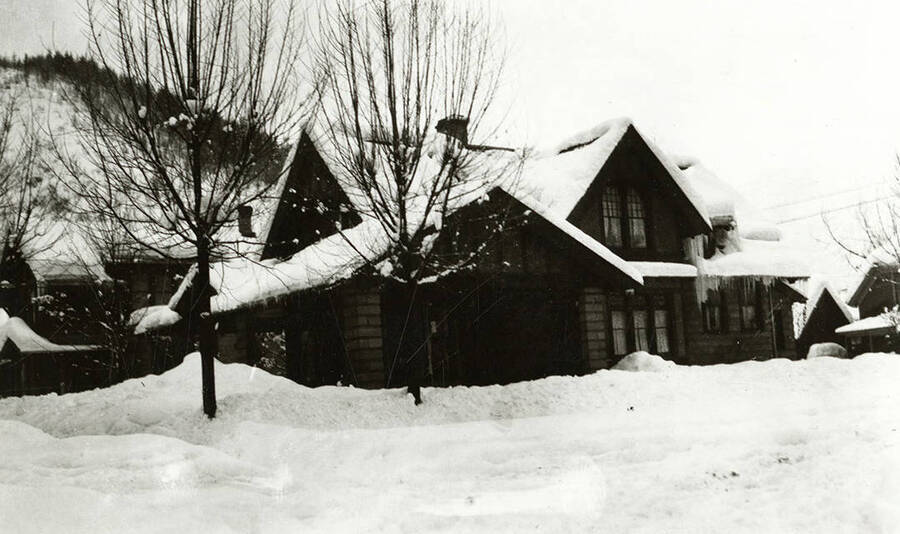 Residential houses covered in snow in Wallace, Idaho.