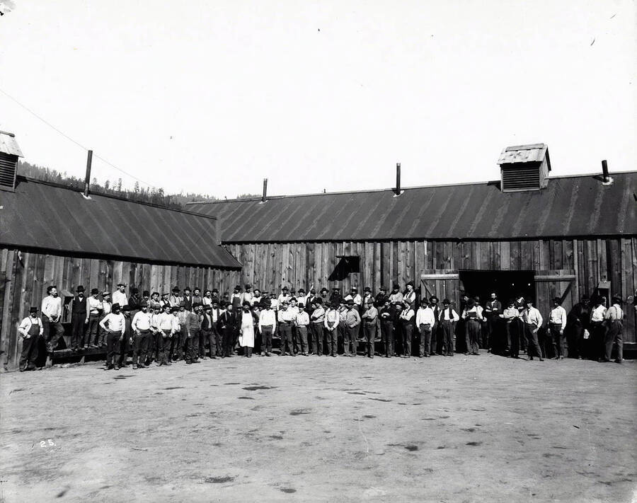 Image shows a group picture of miners at the Bull Pen in Kellogg, Idaho.