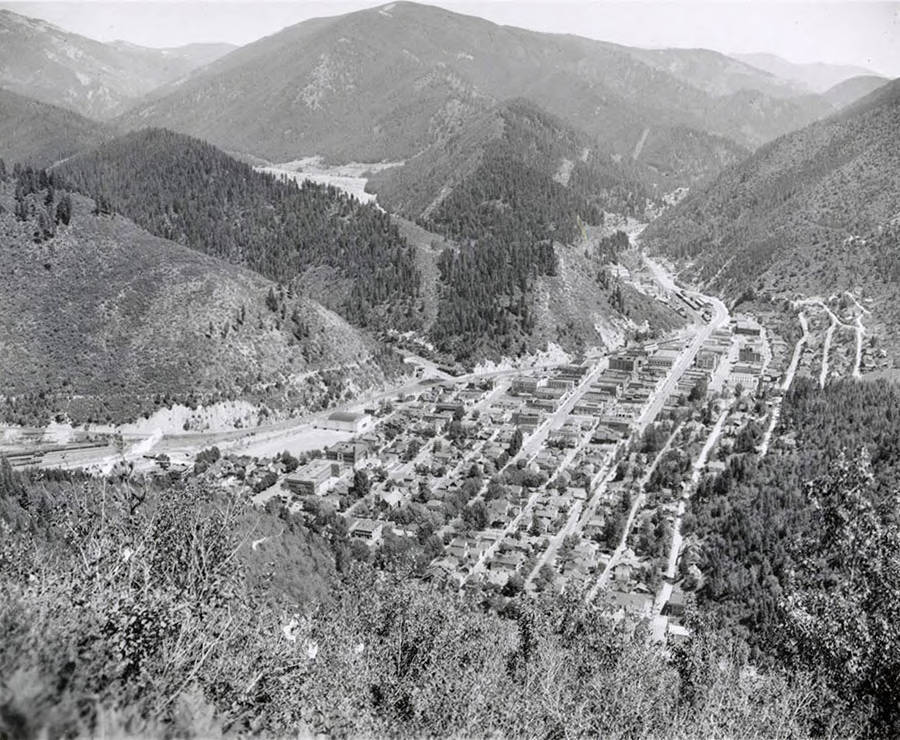 A view of Wallace, Idaho, from nearby hillside facing east.