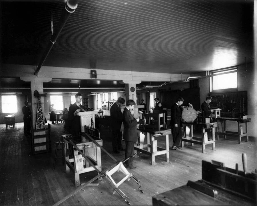 Students in a woodworking shop class at Wallace High School, photo was taken in April 1909.